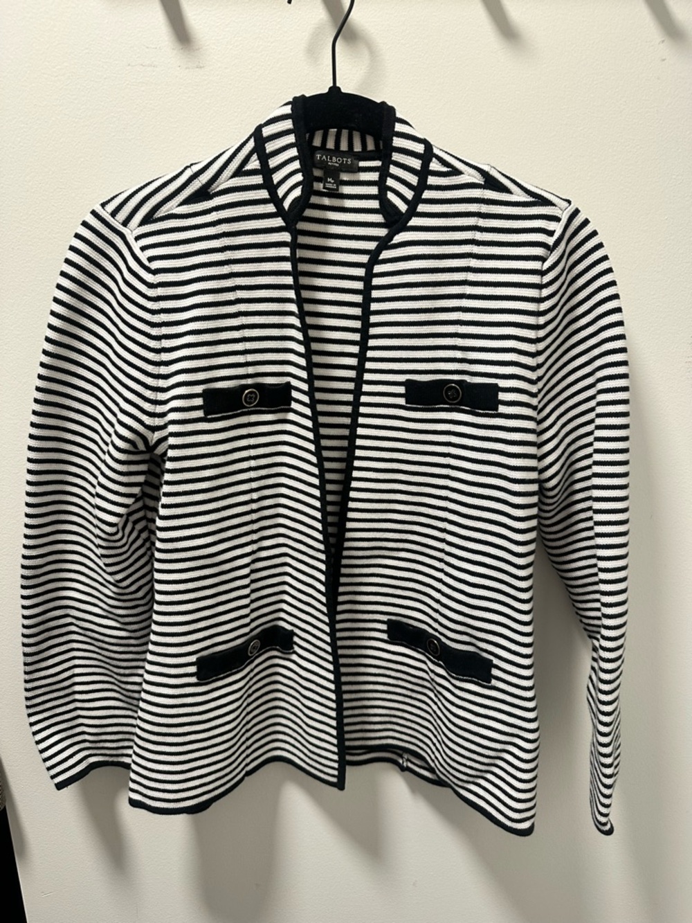Talbots Black & White Striped Open-Front Knit Blazer